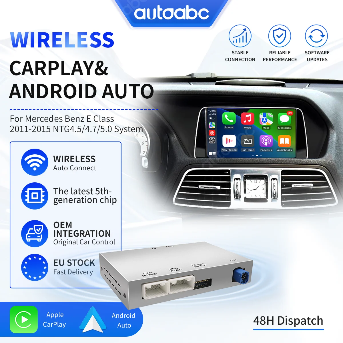 Interface CarPlay sans fil pour Mercedes-Benz A, B, C, E, CLA, GLA, GLK, ML, Sprinter ; système NTG 4.5/5.0 ; module décodeur Android Auto ; prend en charge la navigation, AirPlay et Bluetooth.