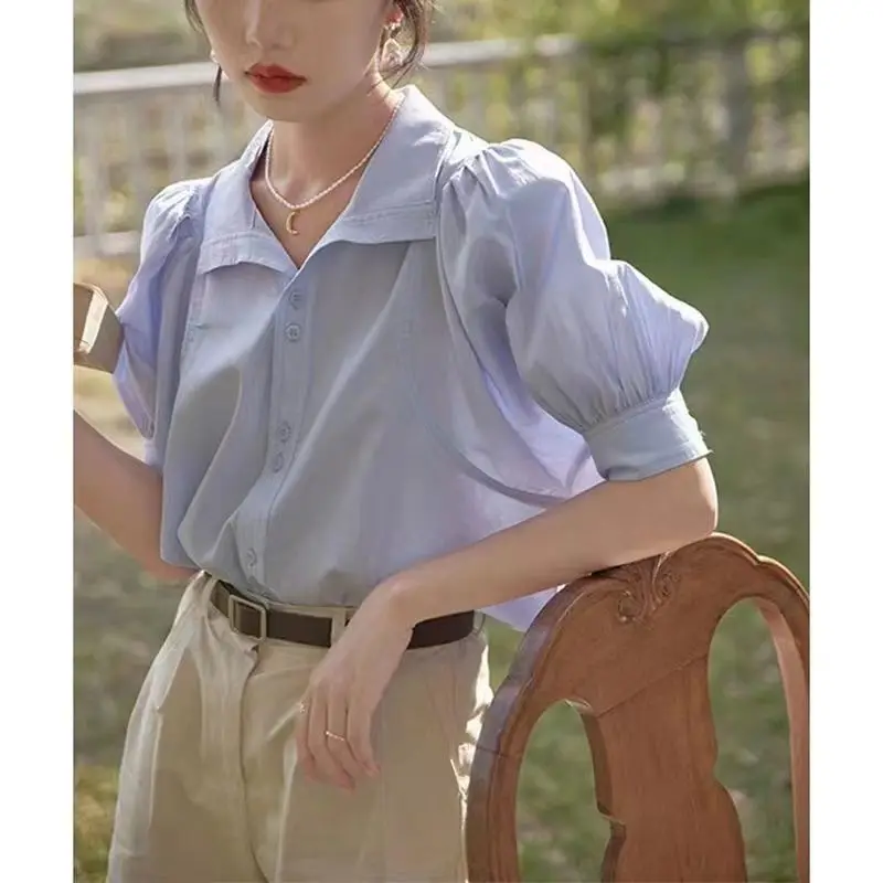 Summer Simplicity Buttons Solid Color Turn-down Collar Short Sleeve Blouse Female Fashion Shirts Women Clothing All-match Tops