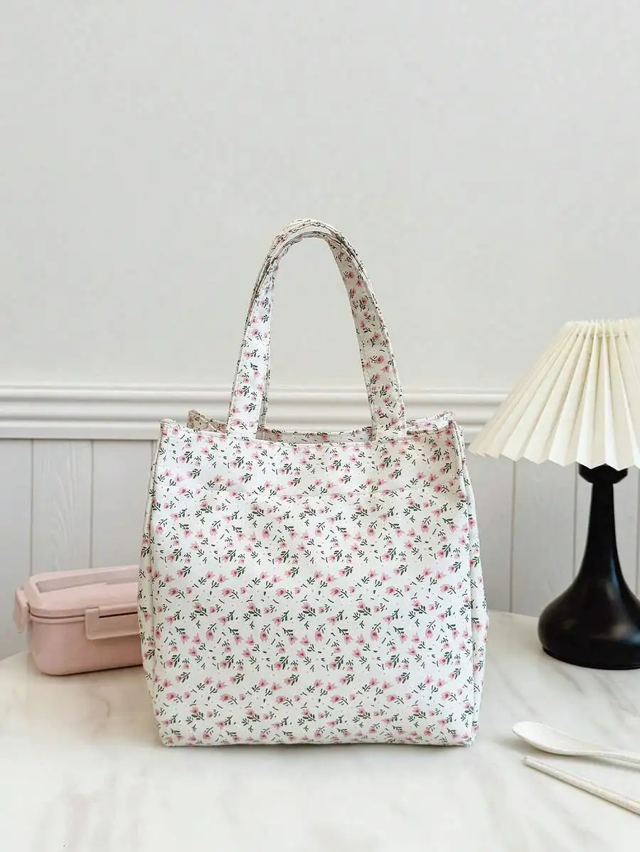 

Floral Print Insulated Lunch Tote Bag - White with Pink Flowers, Large Capacity, Waterproof