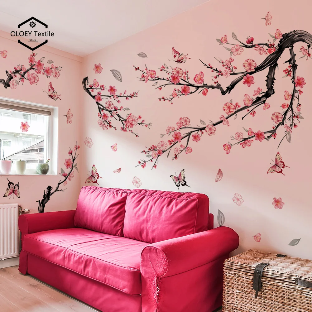 

Pink Flowers Branches Butterfly Wall Sticker Living Room Background Decoration Mural Self-adhesive Decals For Bedroom Home Decor