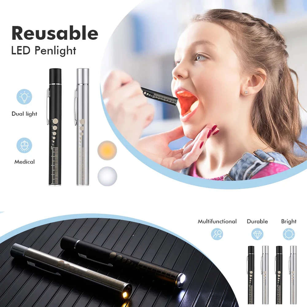 

Portable LED Flashlight Nurse Pupil Scale Penlight USB Rechargeable White Yellow Magnetic Clip Light Pocket Medical Push Torch