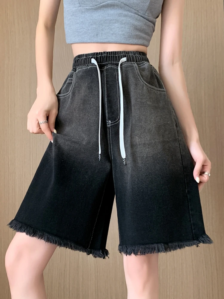 

Fashion Y2k Retro Women Jeans Streetwear Jorts Brushed Black Wash Cropped 2024 New Baggy Wide Leg Frayed Denim Short Pants