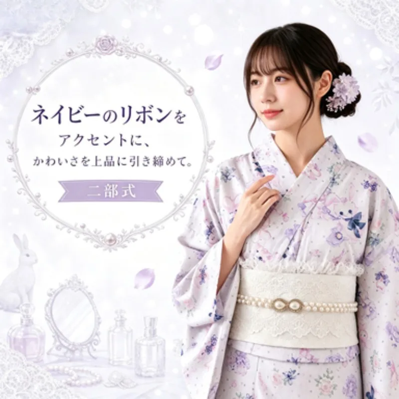 Women Two Piece Japanese Yukata Set Cute Bear Rabbit Print Kimono Style Outfit Separated Yukata For Summer Festival Photo Shoot