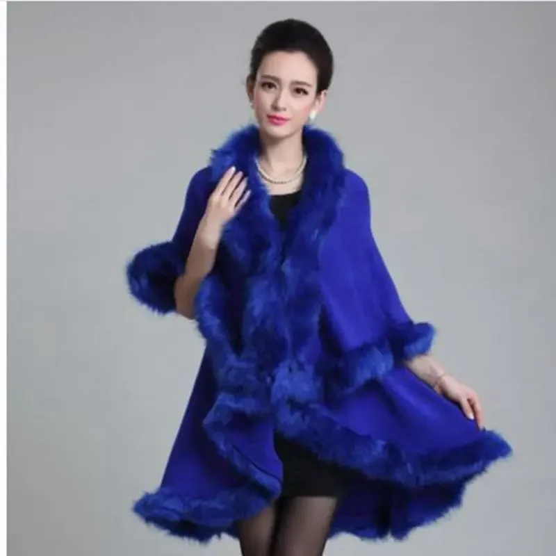 Brieuces New Fashion Long Wool Cashmere Faux Fox Fur Coat Cardigan Women Poncho Knitted Sweater Women Scarves Autumn And Winter