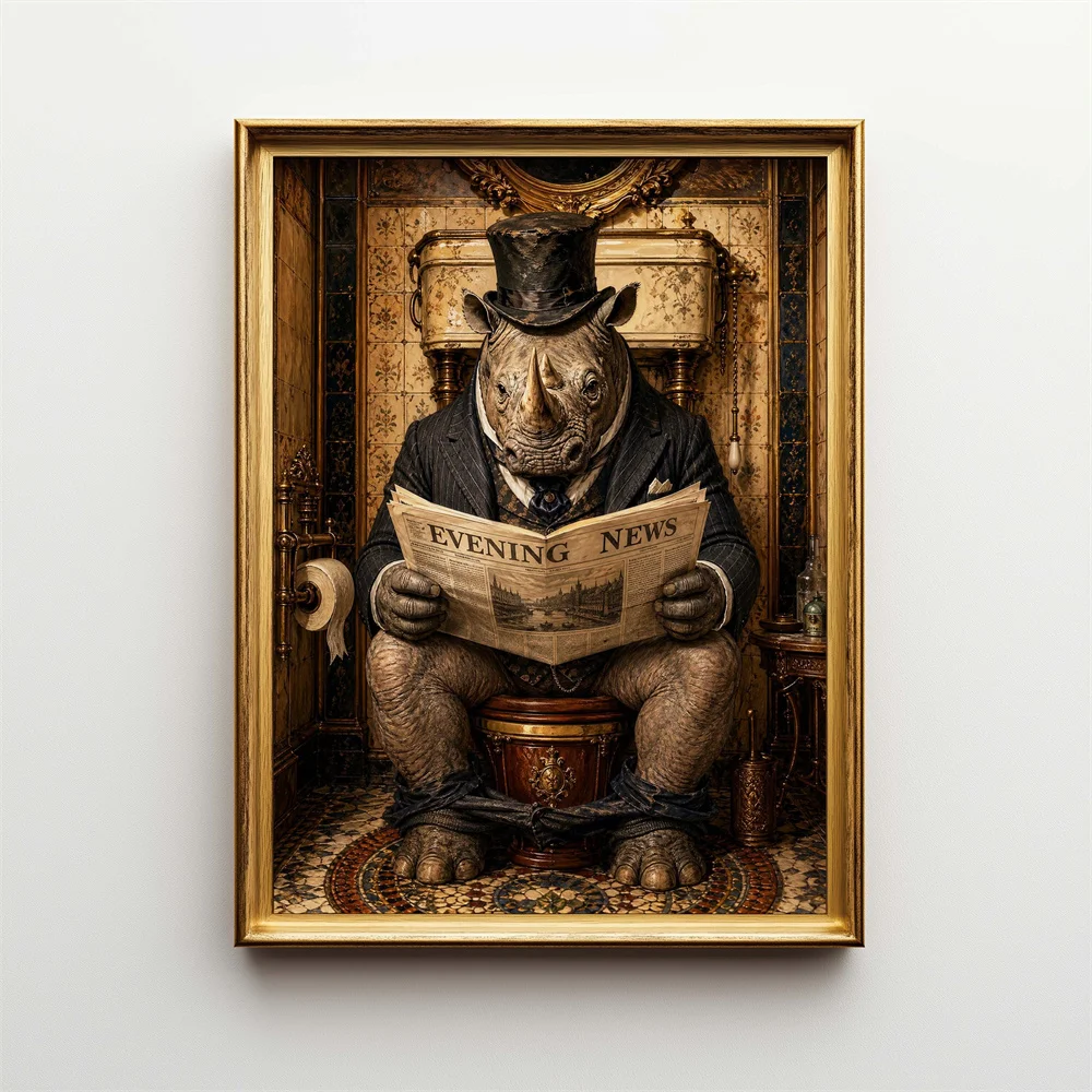 Fun Posters of Dapper Animals in Hats: A Panda Reading The Newspaper and A Cute Panda Sitting on The Toilet –Bathroom Wall Decor