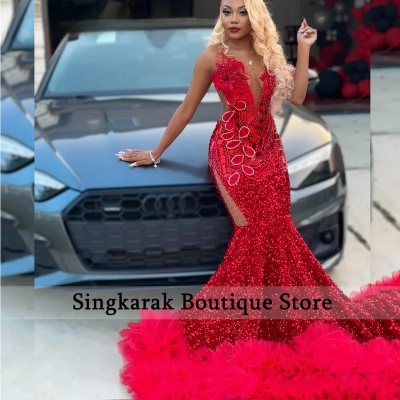 

Customized 2025 Red Prom Dress for Special Occasions Floral Appliqued Beaded Sequined African Birthday Party Gown