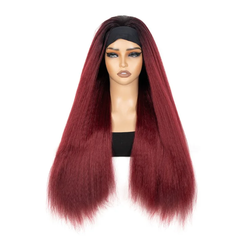 European and American style women's burgundy long straight hair wig without bangs, made of domestic synthetic fiber, easy to sty