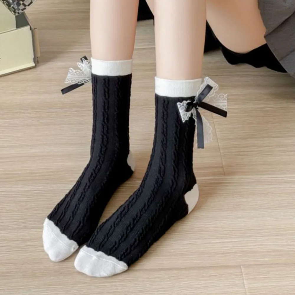 Fashion Contrast Lace Cute Bow Socks Women Japanese Style Autumn Winter Long Socks Elegant Woman Daily Street Comfortable Sokken