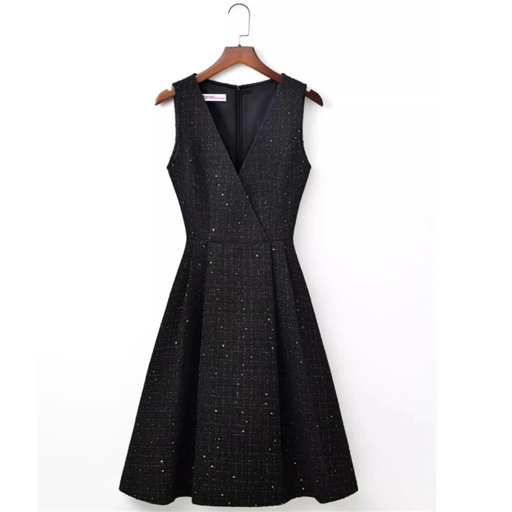 Vintage Elegant V Neck Tweed Vest Dress Women Slim Waist A Line Autumn Winter 2024 Vestidos Mujer French Chic Office Lady Robe