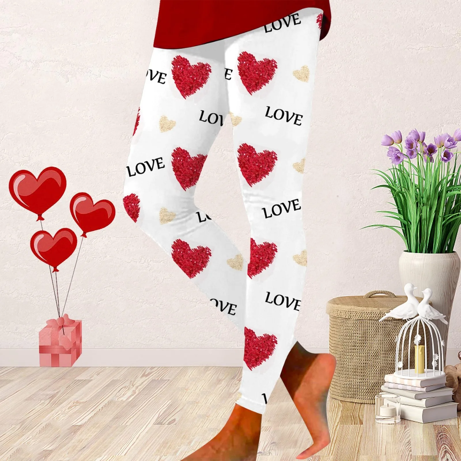 Womens Valentine's Day Leggings Sweet Heart Print High Waist Elastic Fit Slim Pant Spring Autumn Hip Lift Soft Outwork Tights