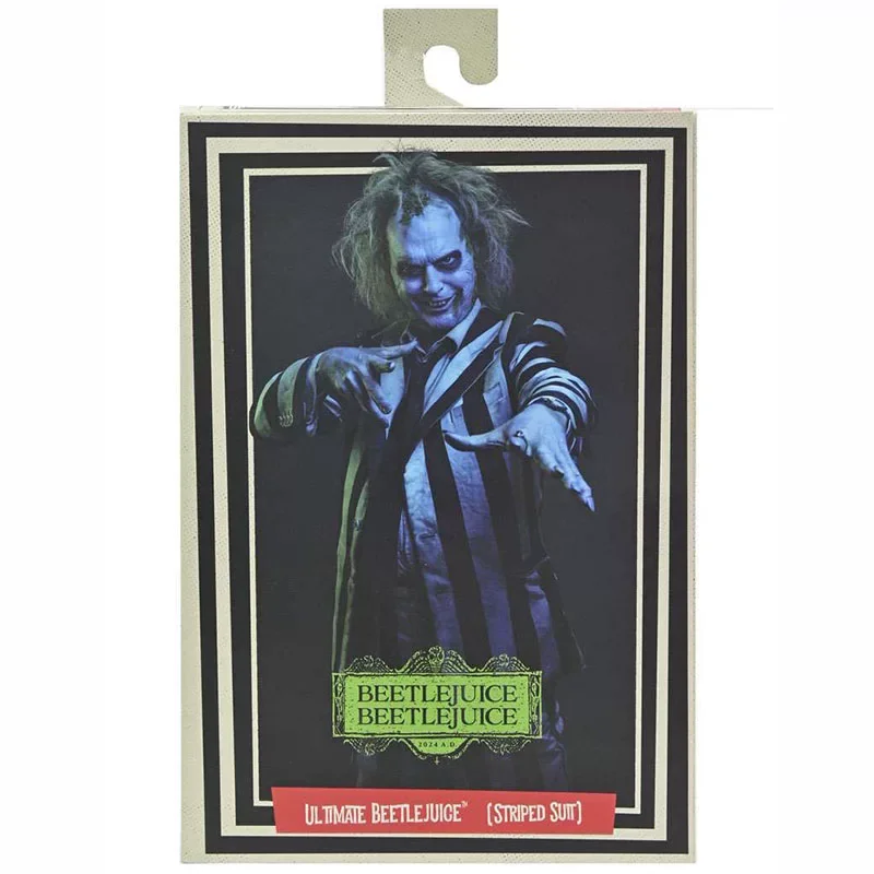 Op voorraad: NECA 57304 Beetlejuice, het 7-inch actiefiguurmodel in een gestreept pak, een verzamelobject.