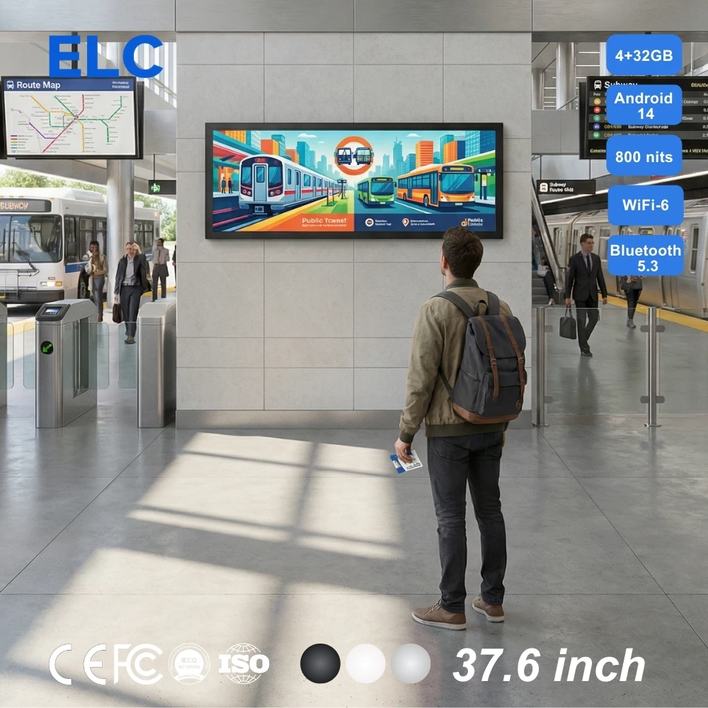 37.6 Inch Panoramic Advertising Screen Android 14 WiFi-6 4GB+32GB Ultra-wide Bar Monitor for Subway & Bus