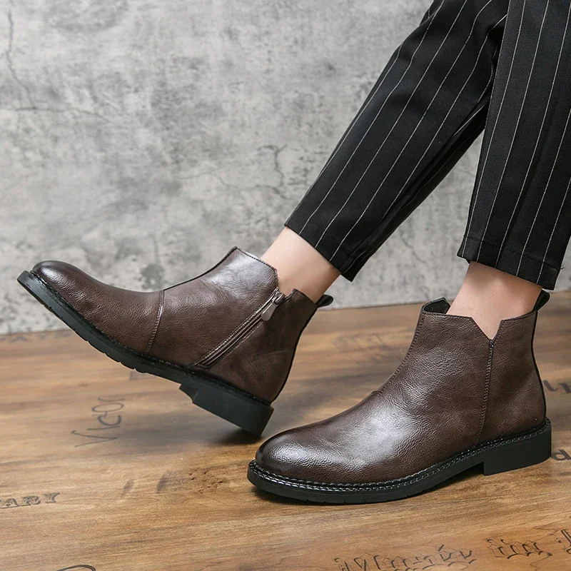 Botas masculinas de zíper lateral Chelsea, botas masculinas de alta tendência, pretas e marrons, tamanhos 38-45, nova moda