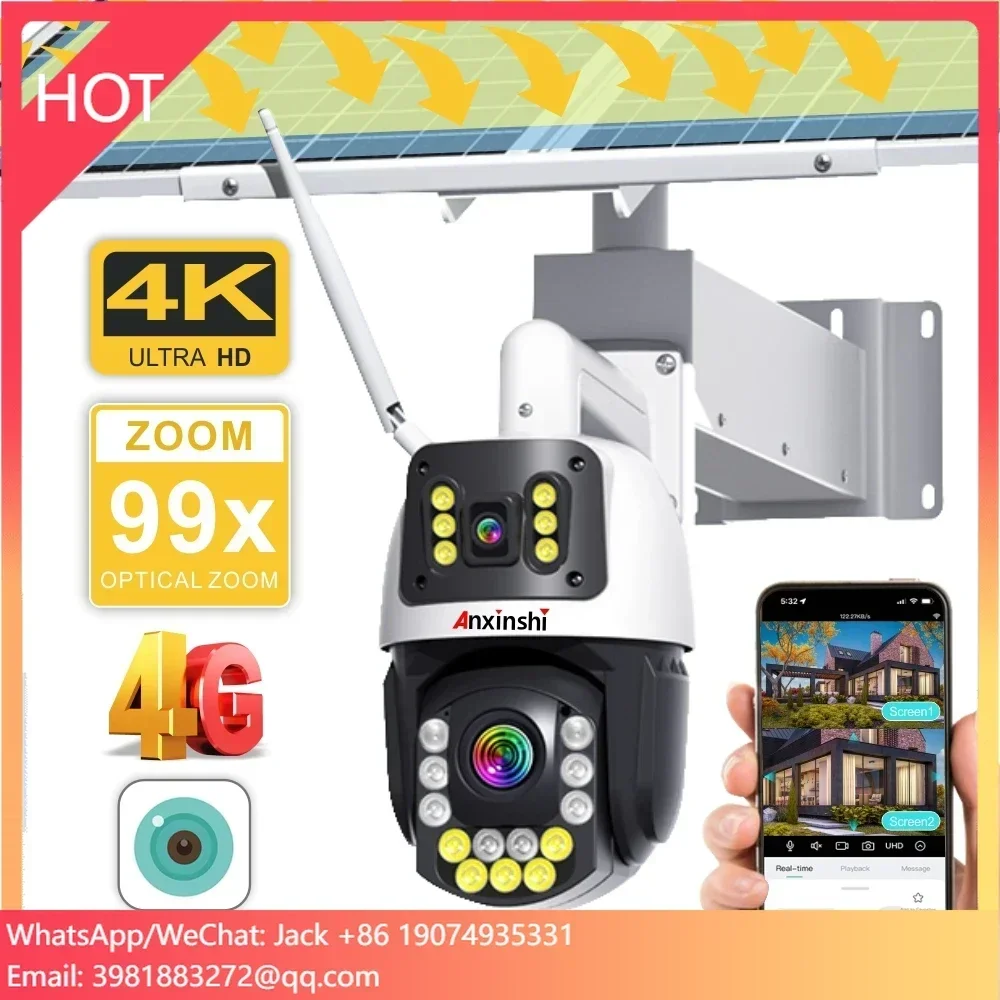 Anxinshi 99xzoom Ptz cámara Solar 4G 4K 60W Panel Solar 365 días de trabajo IR200 medidor cámara CCTV de doble lente