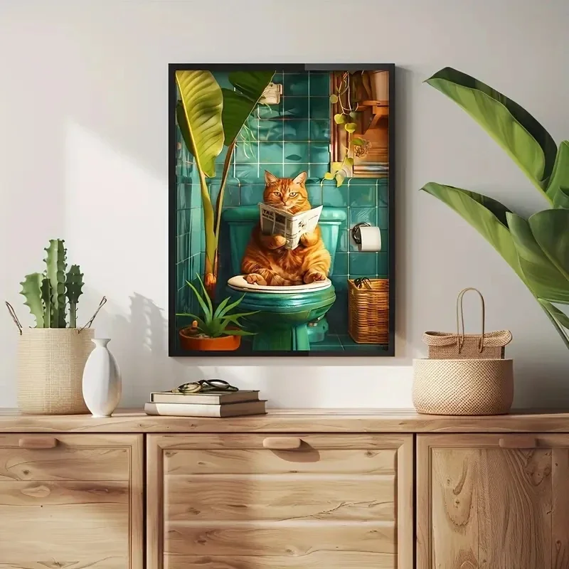 1pc frameless Canvas Painting Abstract Interesting Orange Cat Reading Newspaper The Toilet Canvas Poster Modern Picture Wall Dec