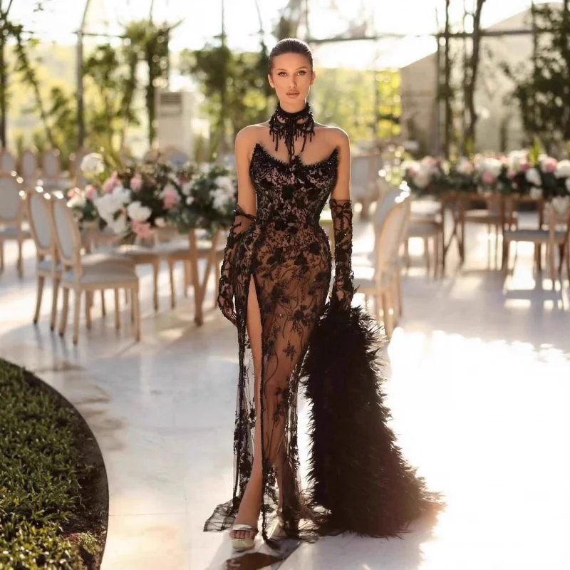 

Новое поступление, женское кружевное сетчатое платье без бретелек с вышивкой и открытой спиной, перчатками, расшитое бисером, с небольшим шлейфом, сексуальное вечернее платье