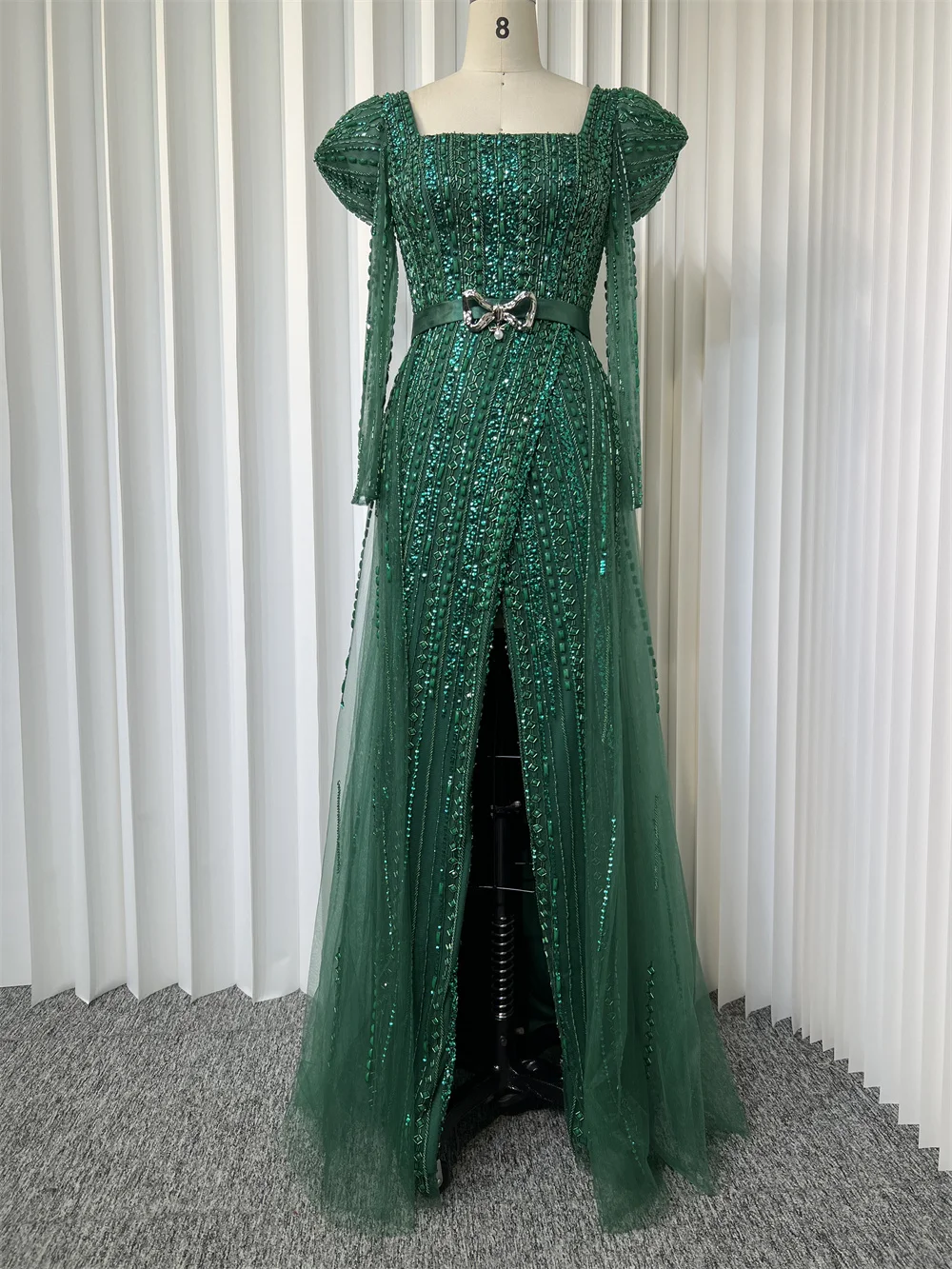 Luxury Dubai Green Evening Dress for Women Wedding 2024 Long Sleeve Overskirt Arabic Formal Party Gowns HO1816