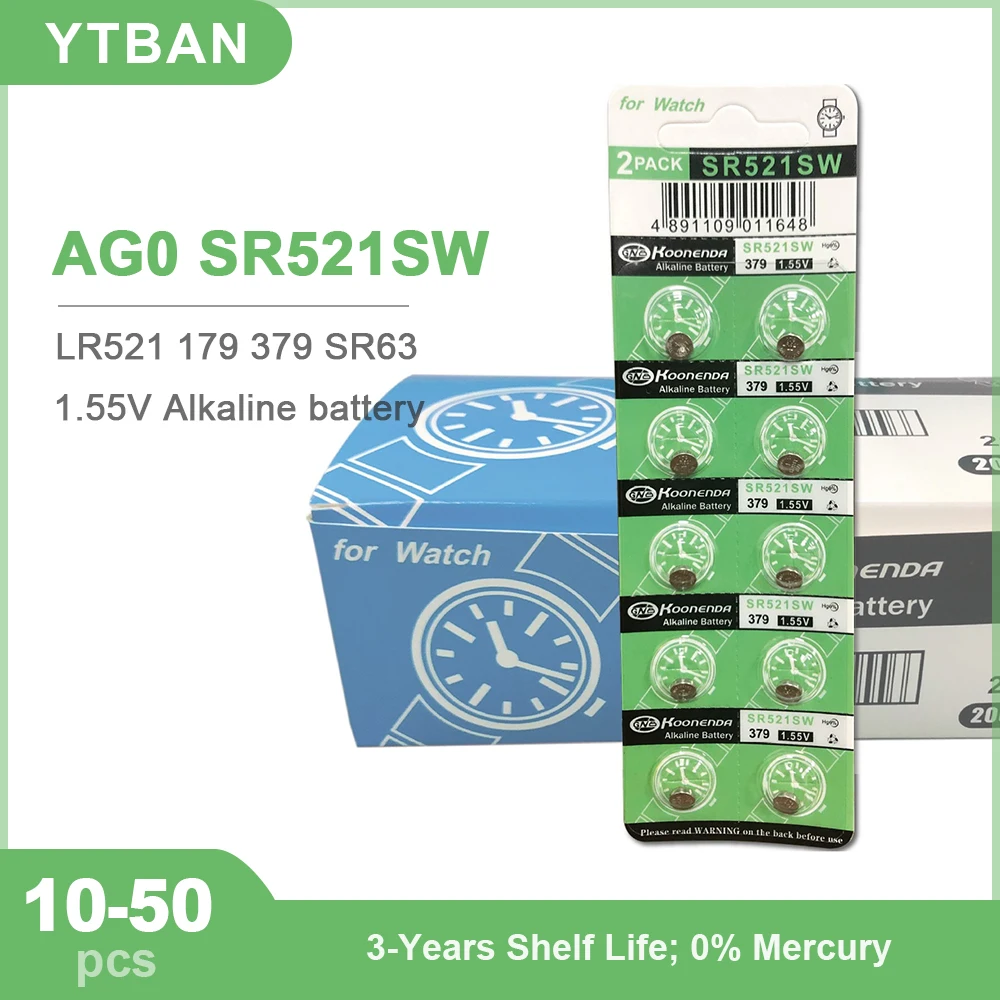 10-50PCS AG0 LR521 Button Batteries SR521SW 379 179 D379 SR63 1.55V Alkaline Coin Cell Ultra-thin Toy Watch Battery