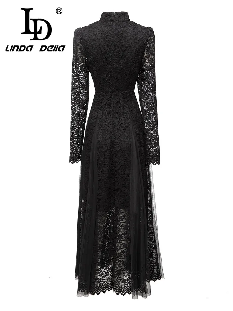 LD LINDA DELLA 2023 New Style Fashion Designer Dress Women's Black Long Sleeve Hollow Out Print High Waist Crumple Lace Dress