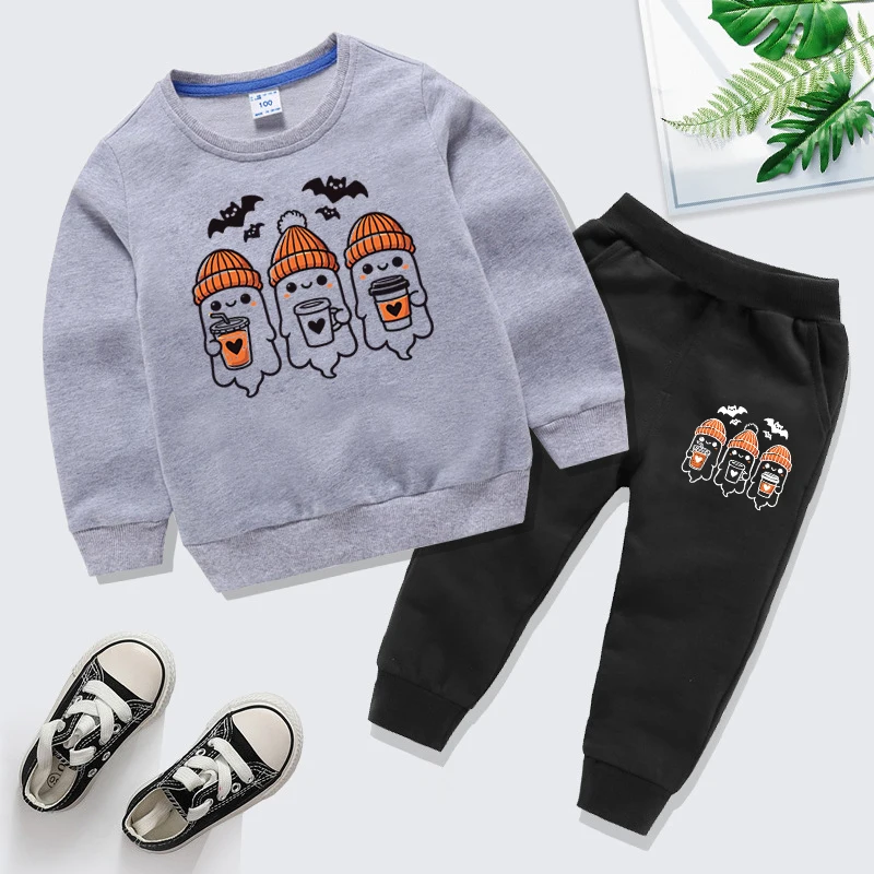 Kids Halloween Ghost Coffee Print Autumn 2pcs Sweatshirt+Pants Tracksuits 7-14 Years Boys Girls Halloween Outfits Hoodies Suits