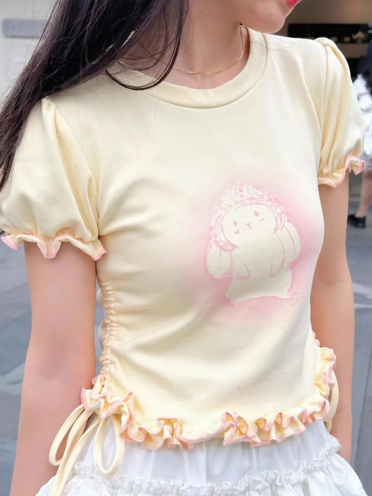 Japaneses Cartoon T-shirt Bandage Harajuku Slim Waist Tunic Crop Top Women 2024 Summer All Match Sweet Cute Y2k Aesthetic Tees