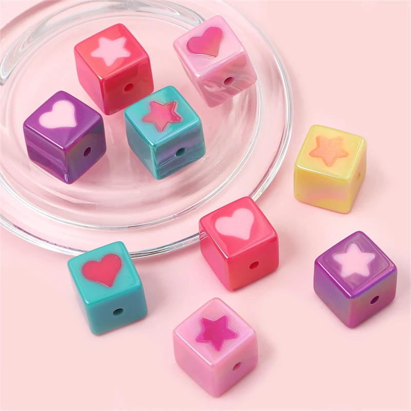 2/5pcs 16mm Acrylic Colorful Plating Double Color Random Pattern Cute Square Beads Charms for Necklace Bracelet Keychain Making