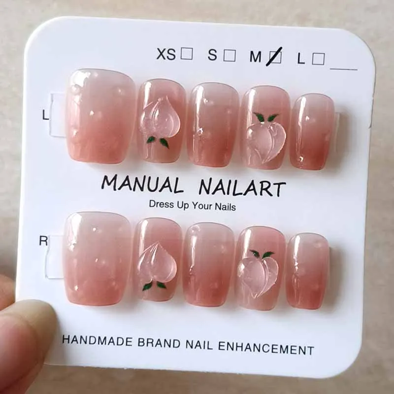 10 Stück Sommer-Frauen und Mädchen, süßer Farbverlauf, Pfirsich, gepunktet, Erdbeere, handgefertigt, zum Aufdrücken der Nägel, Nagelkunst, Nagelpflaster, Nagelscheiben
