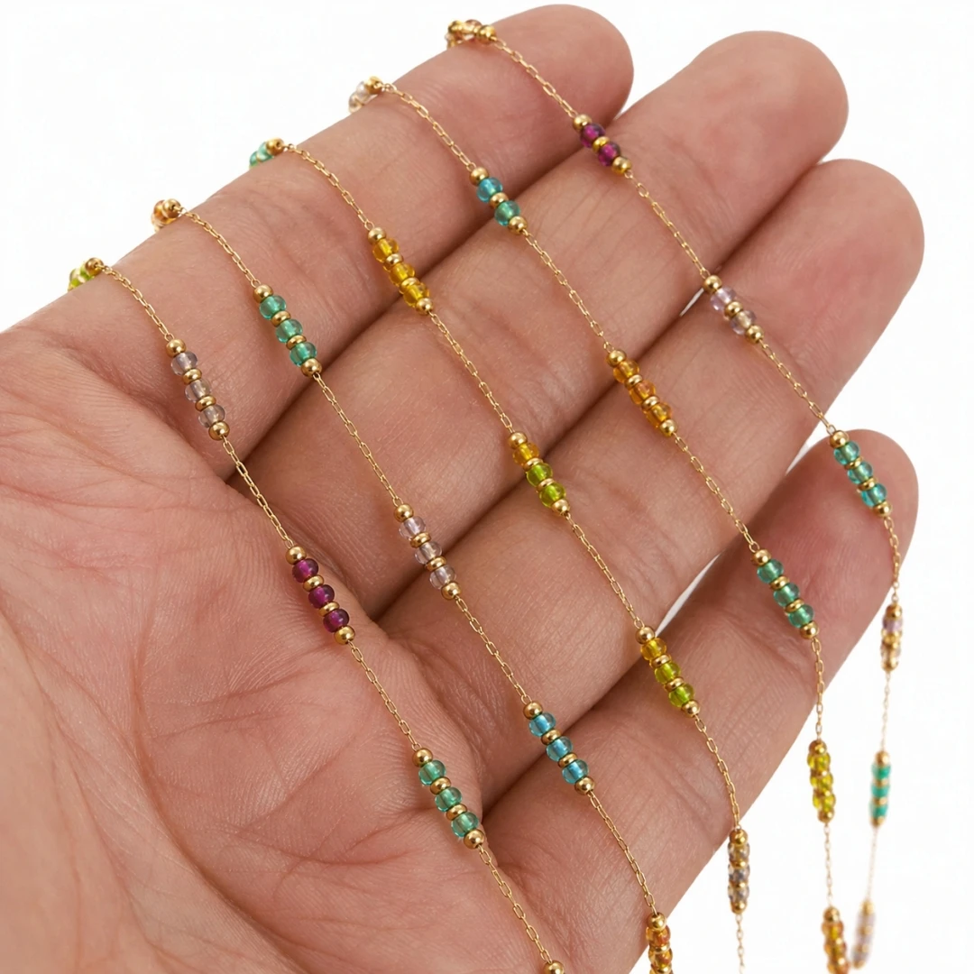 1meter Mixed Color Beads Jewelry Chain Link Gold Plated Stainless Steel Chain Rosary Beading Necklace Chain Bulk Making Supplies