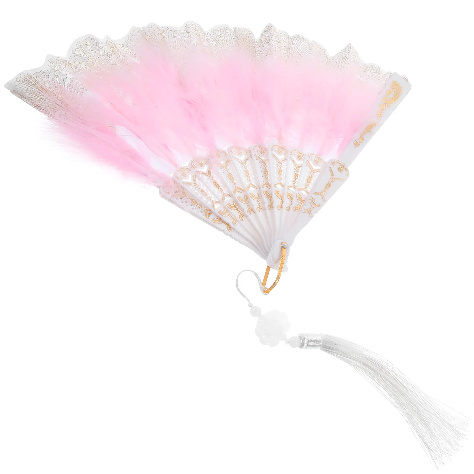 Fan Hand Fans Foldable Real Plume Wedding Bridal Decorative Pink Gold Embroidery Flower Design Costume Party Cosplay Tea