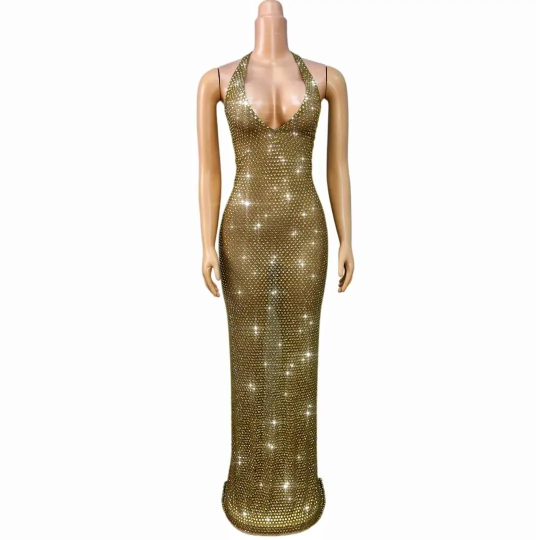 Jinmantang Sparkly Gold Rhinestone Mesh Bodycon Maxi Dress Halter Deep V Neck Sleeveless Stage Performance Gown