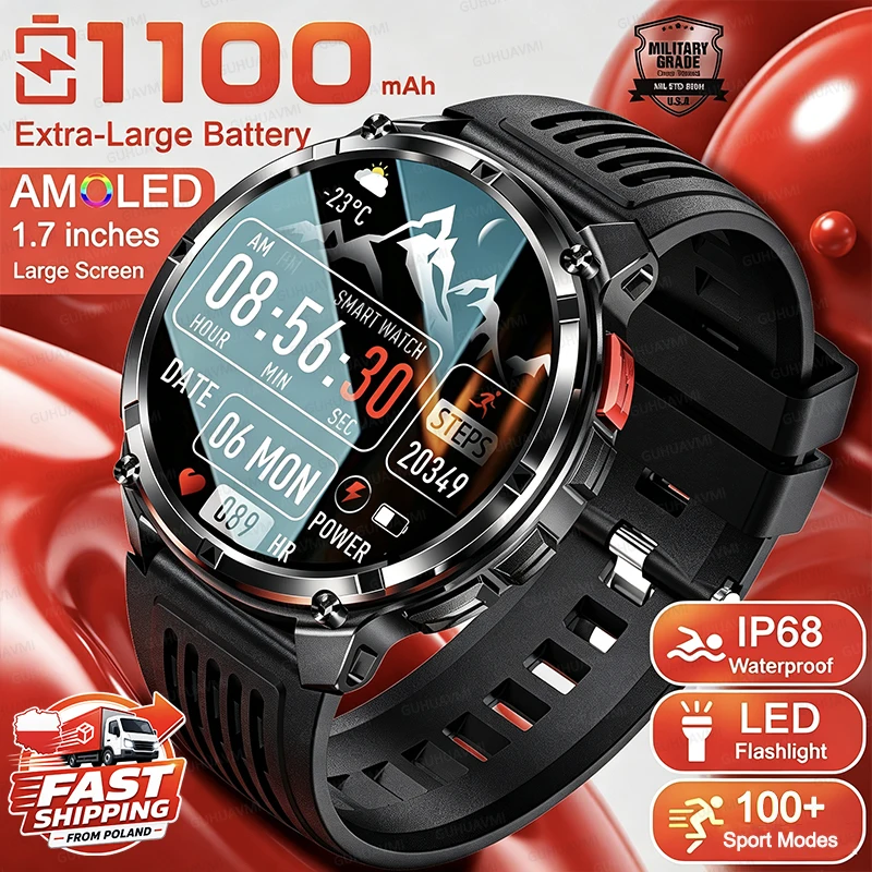 Montre connectée tactique d'extérieur 2026, nouvelle génération, batterie 1100 mAh, grand écran 1,7 pouces, lampe torche LED, boussole, étanche IP68, suivi de la santé, appels HD, montre connectée de sport et de fitness