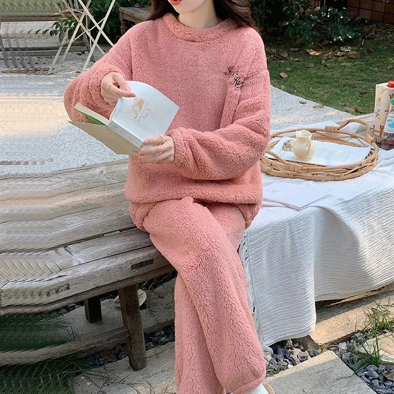 Winter Warm Flannel Women's Pajamas Set Long-sleeve Trousers Two-piece Set Pyjamas Homeclothes letter Embroidery Women Sleepwear image 5