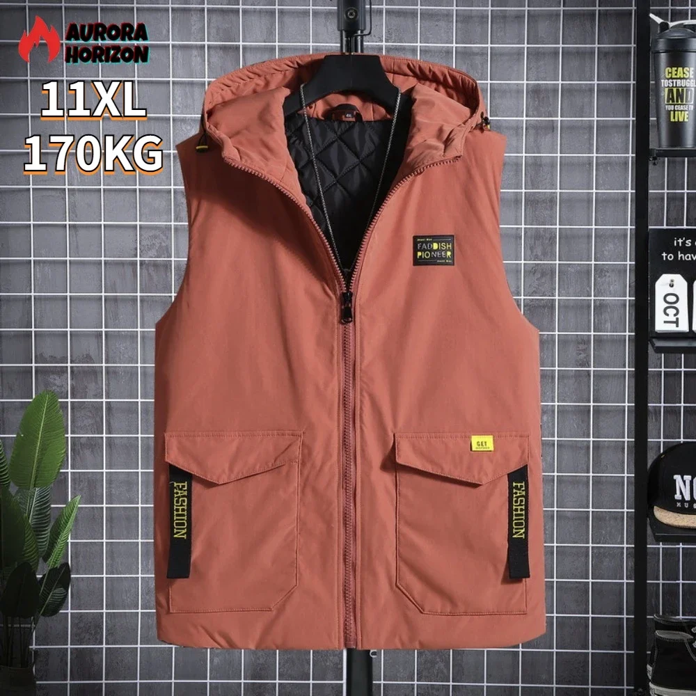 

ZOZOWANG Spring Autumn Man Big Size 170KG 11XL Waistcoat Oversize Loose Sleeveless Cargo Jackets Thick Warm Hooded Parkas