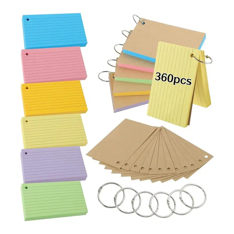 

A29F-Flash Cards,600 PCS Multicolor Index Cards Revision Cards With 6 Binder Rings,Kraft Paper Flashcards Lined Record Cards