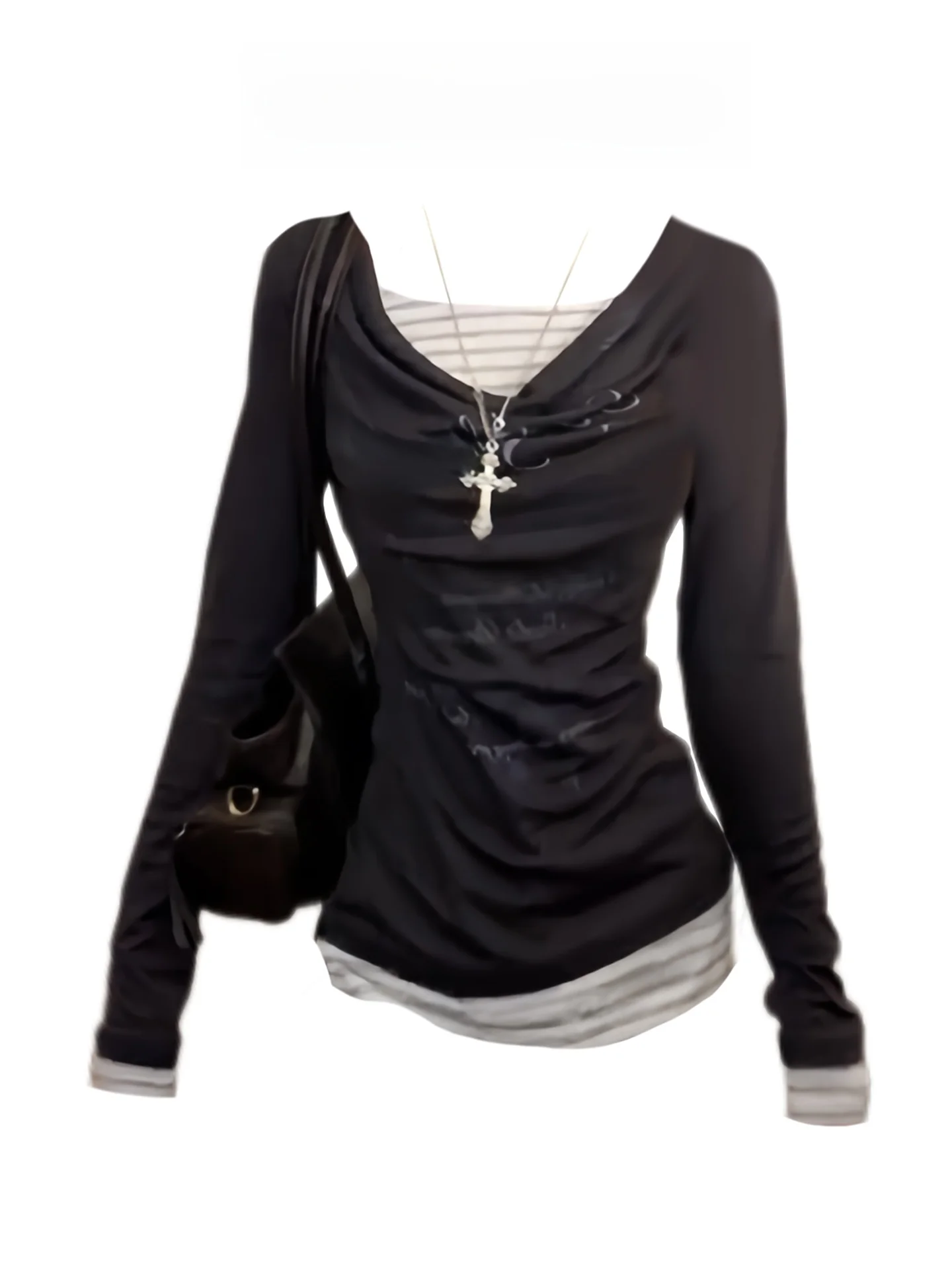 Slim Fit Striped Long Sve T-irt Women's Spring Autumn New Sle Pure Desire Fake Two-Piece Ele Top Korean Sle