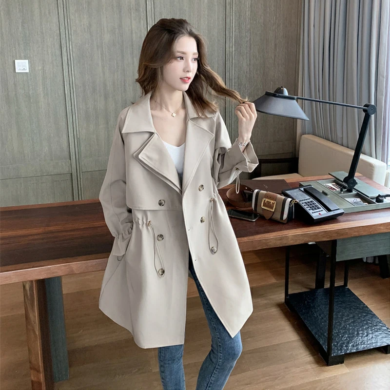 Women's Mid-Length Coat Jacket Windbreaker Outerwear Waist-Cinching Long Sleeve Commute Style Korean Version British Atmosphere