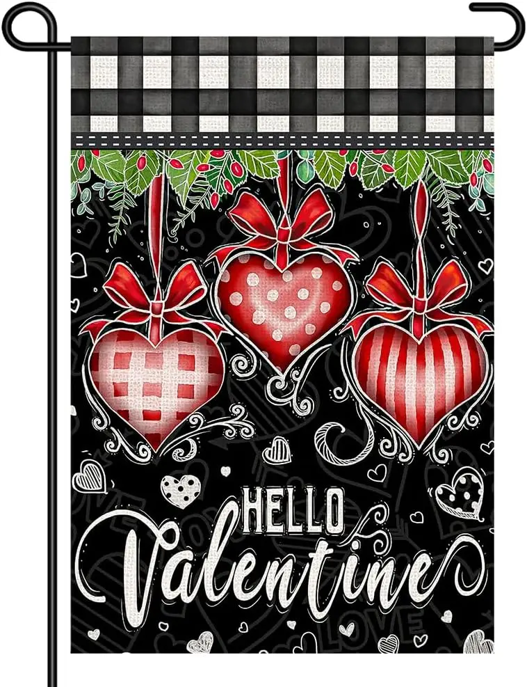 Cute Buffalo Plaid Valentines Day Flag Garden 12x18 Inch Double Sided, Red Heart Hello Valentine Yard Small Flags Sign with  uui