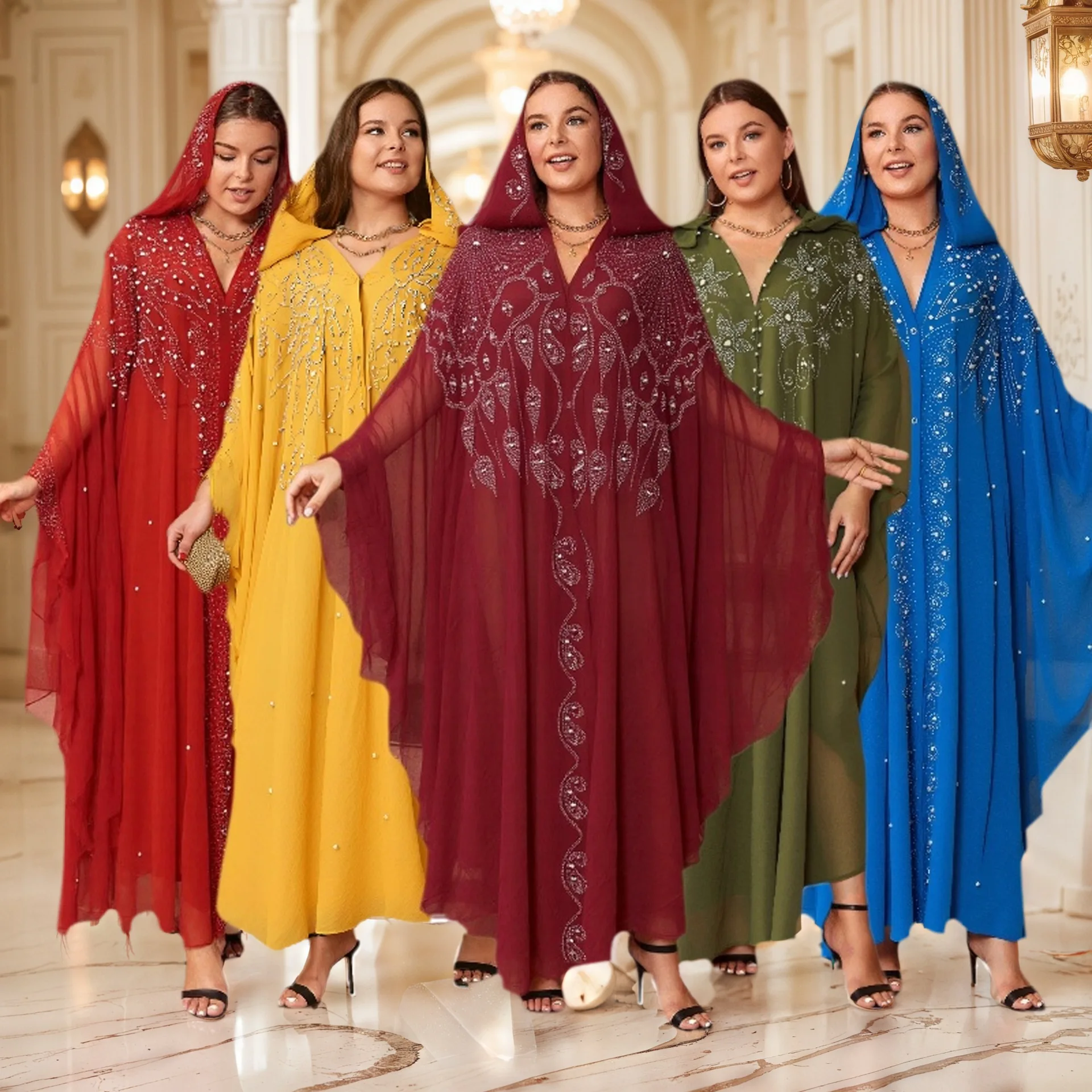 Women's Summer Middle East Africa Long Robe Hot-Stamped Rhinestone Polyester Muslim Shawl Hooded Cape Dress