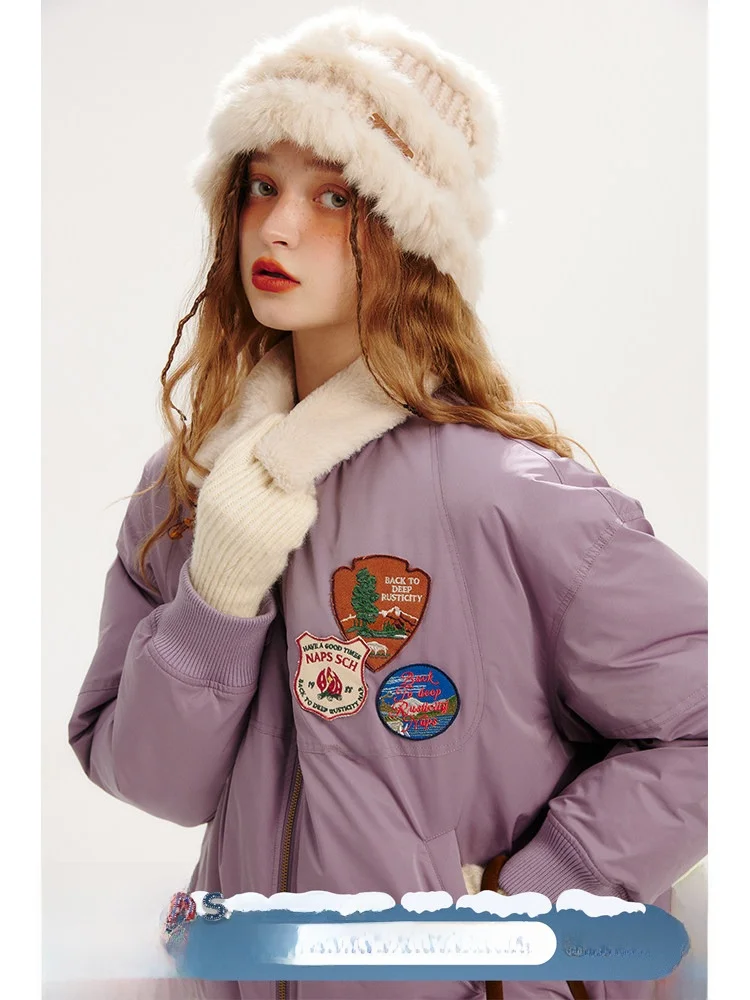 

NAPSNAPS American Retro Flight Jaet Baseball Cotton Coat Women Autumn Winter New Sle Thiened Fur Collar Jaet