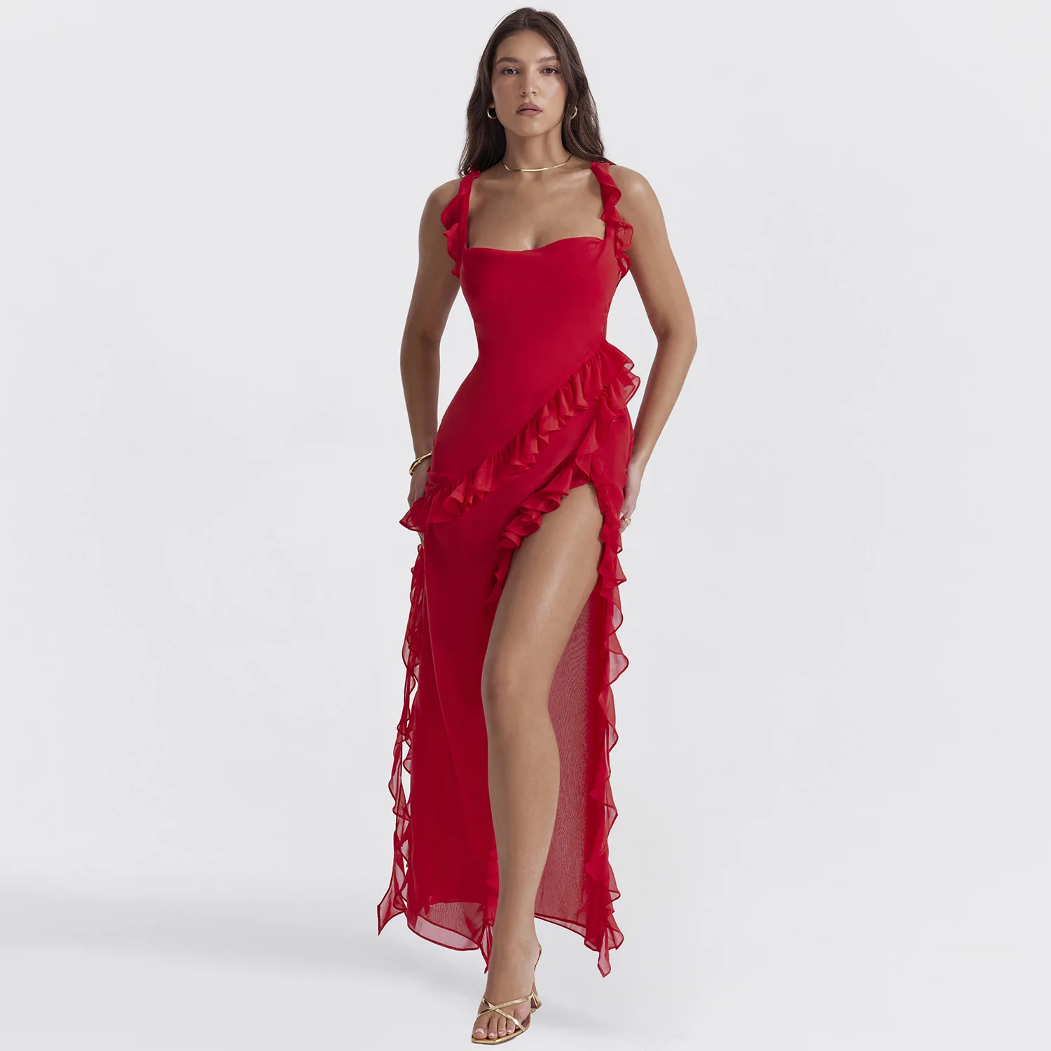 Abiti da festa con spalline sottili con volant irregolari per le donne abito da sera con spacco senza schienale Sexy con taglio basso elegante Prom Vestido Feminino