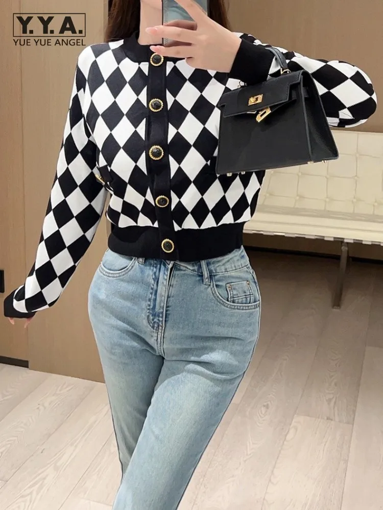 

Women Black White Plaid Cardigan Jacket Single Breasted O-Neck Autumn Casual Slim Fit Short Knitwear Office Lady Casual Sweater