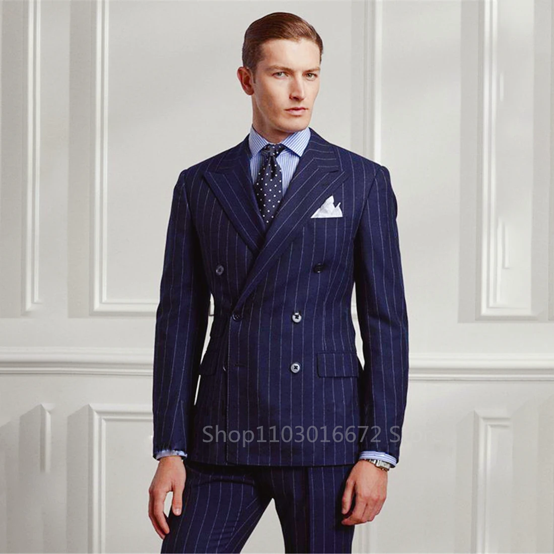 Navy Blue Striped Men Suits Slim Fit Peak Lapel Double Breasted Blazer Wedding Groom Tuxedos 2 Piece Business Set (Jacket+Pants)