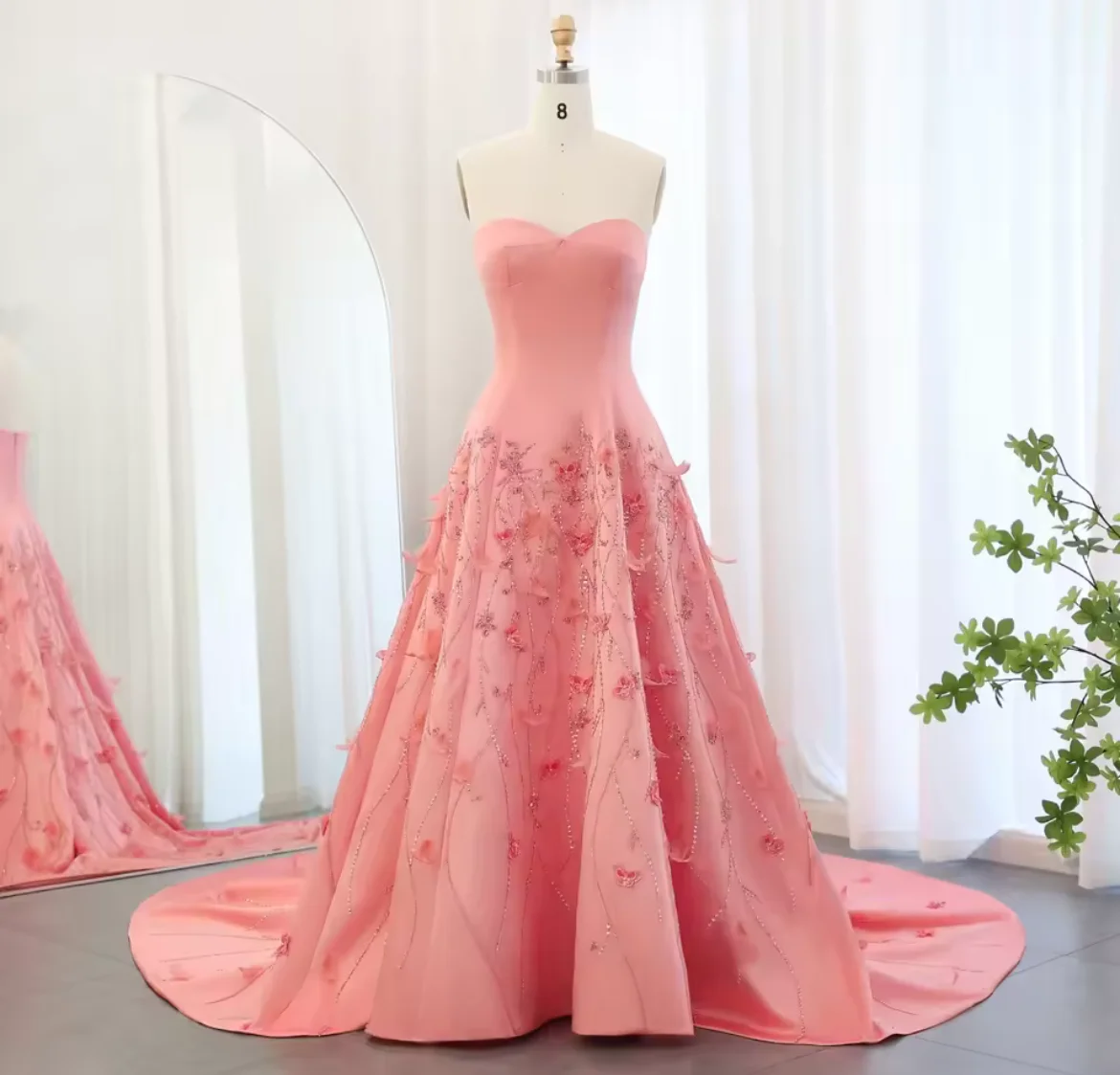 

Elegant Coral Evening Dress Thick Satin Prom Dress Sweetheart Beading with Applique Sequins Party Dresss Accept custom made