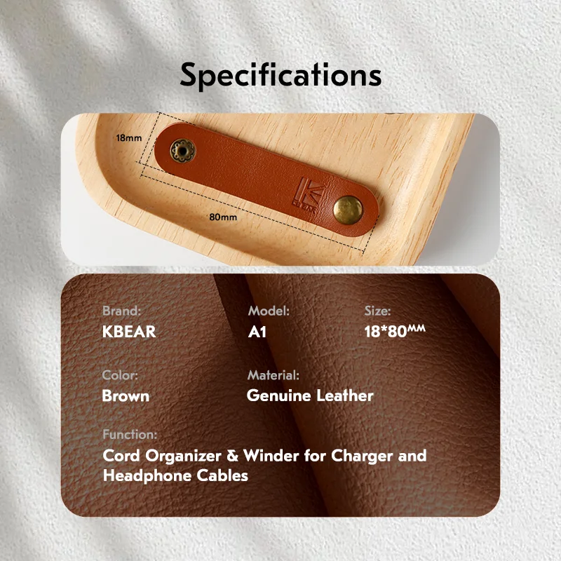 ربطات كابل من الجلد الطبيعي KBEAR A1، منظم وسلك بتصميم سريع للشاحن وكابلات سماعات الرأس، حزام كابل محمول