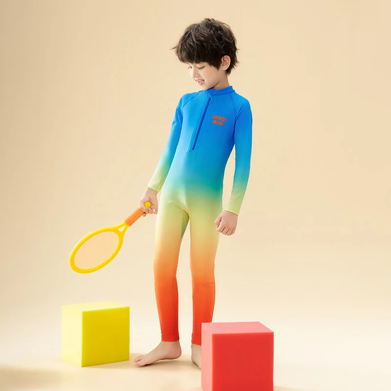 Boy One Piece Swimwear Long Shirt Pants Rash Guard with Skirt Pink Gradient Solid Wetsuit 3-12 Years