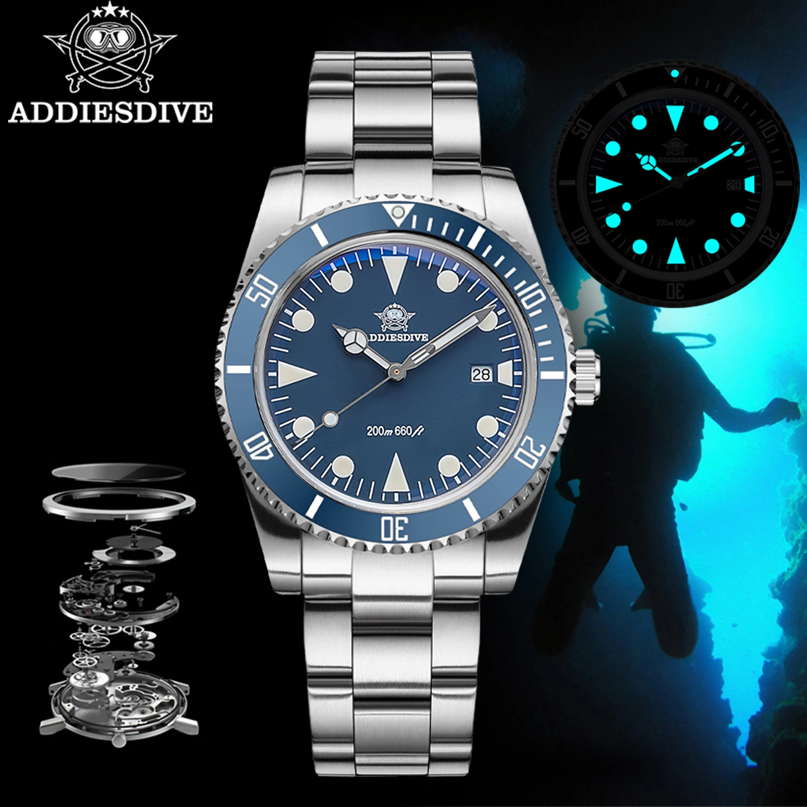 

ADDIESDIVE Diver Watch 39mm Fashion Men watches Quartz Wristwatch Sport waterproof 200m Luminous 316L Stainless Steel Watch