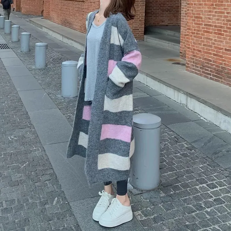 

2025 New Loose Mid To Long Style Contrasting Striped Thick Sweater Knitted Cardigan Jacket for Women in Autumn and Winter