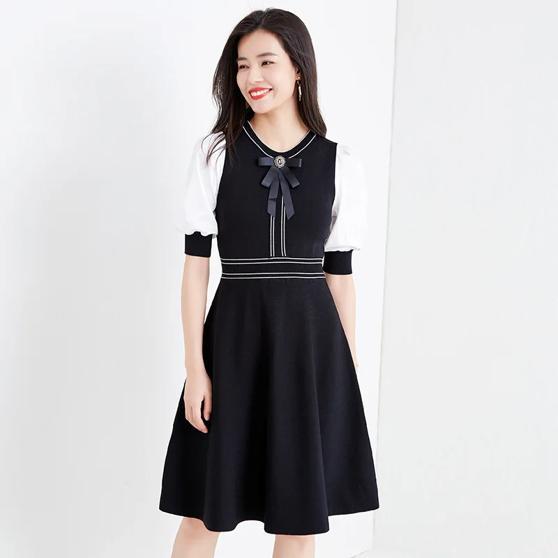 

Women's Springsummer Ice Silk Dress Color Matching Round Neck Bow Waist Slim Pullover Knitted Skirt