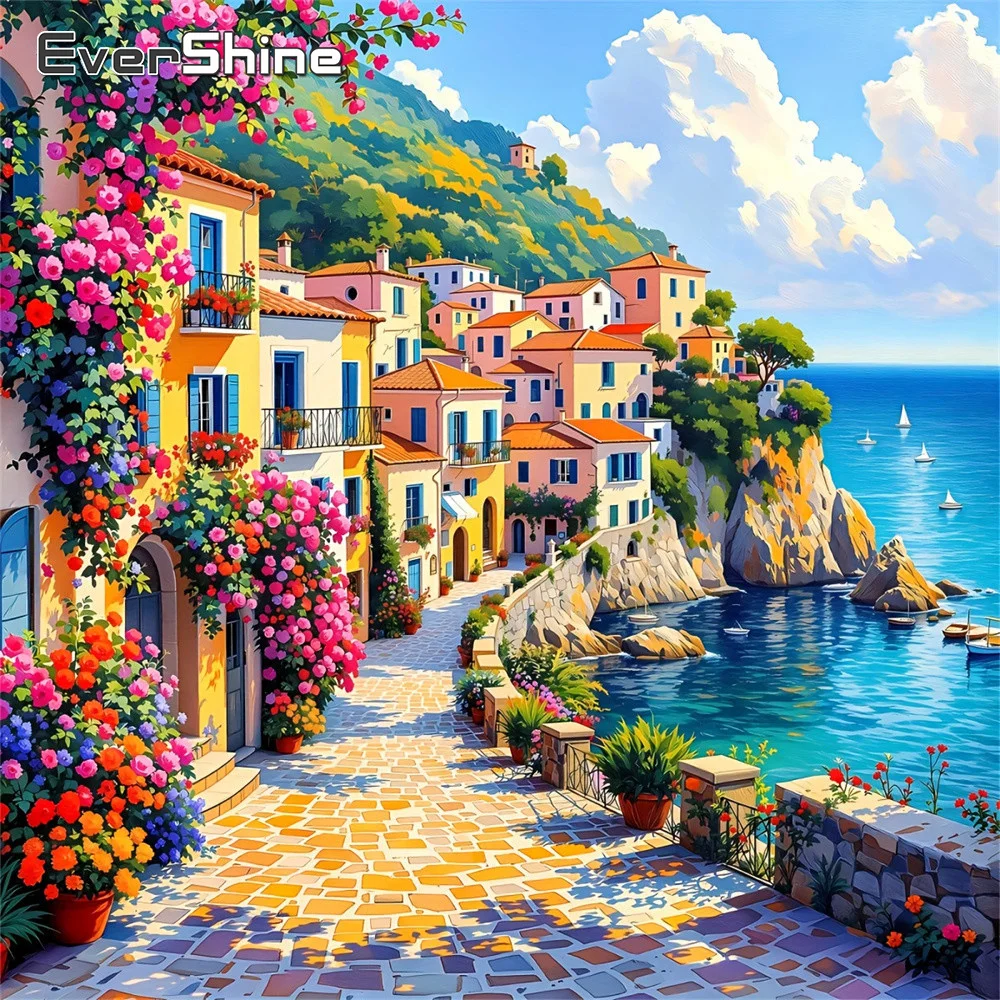 EverShine Voll-Diamant-Stickerei Landschaftsbild Strass-Mosaik Strandhaus DIY-Gemälde Blumen Einzigartiges Geschenk