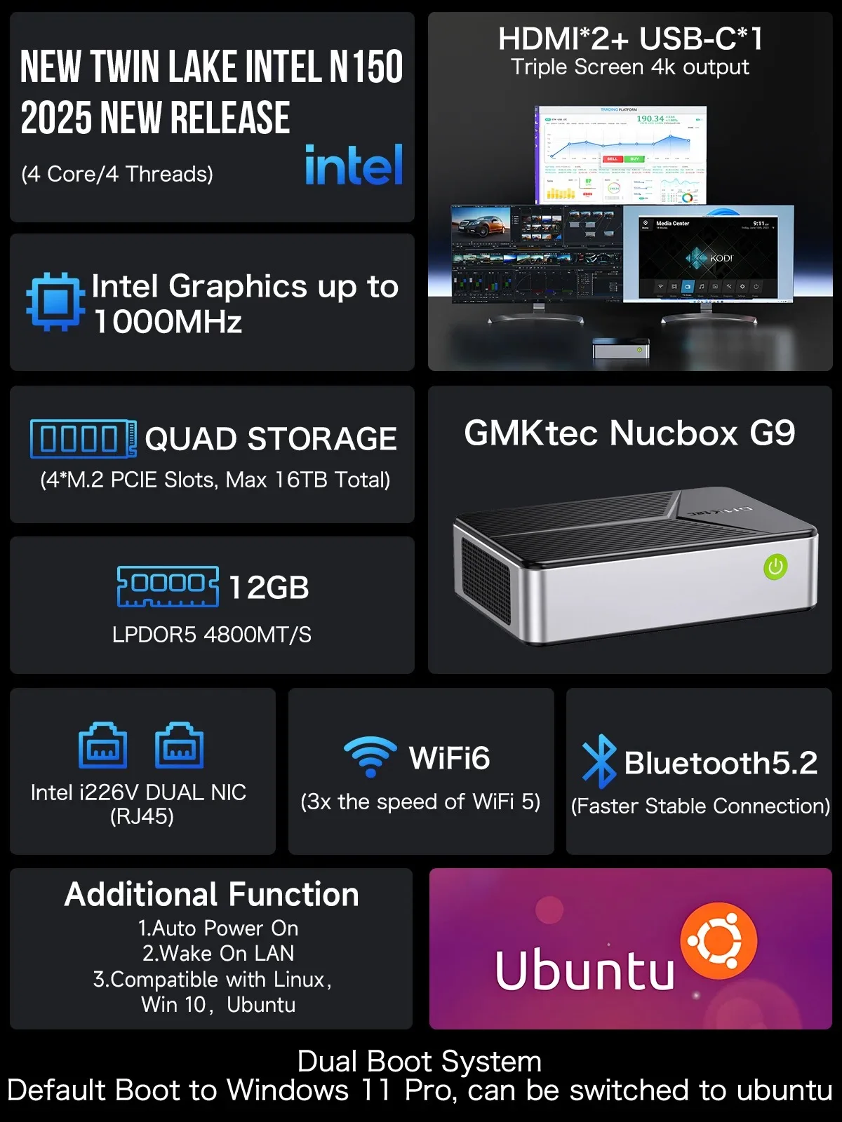 GMKtec/G9 Mini PC قالب جديد Intel N150 Windows 11 Pro LPDDR5 M.2 2280 SSD WIFI6 BT5.2 كمبيوتر صغير بشاشة ثلاثية مزدوجة